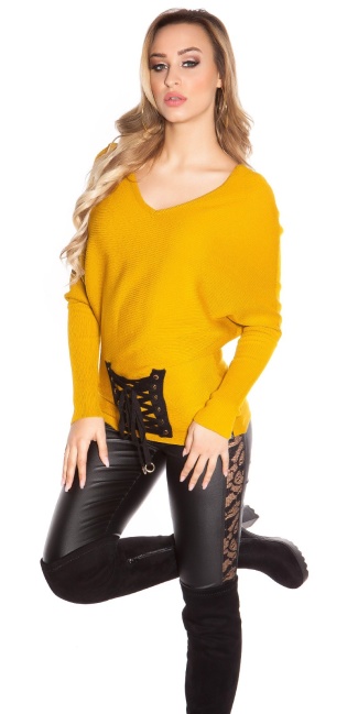 Trendy bat sweater with lacing Mustard